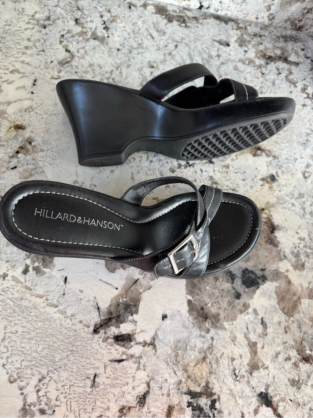 Hillard & Hanson Black Wedge Slide Sandals with Silver Buckle